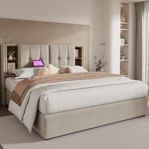 HYSZ Cama tapizada, cama doble, estructura de cama con carga inalámbrica USB C, con espacio de almacenamiento, somier de láminas de madera y lino natural, 160 x 200 cm (con colchón)