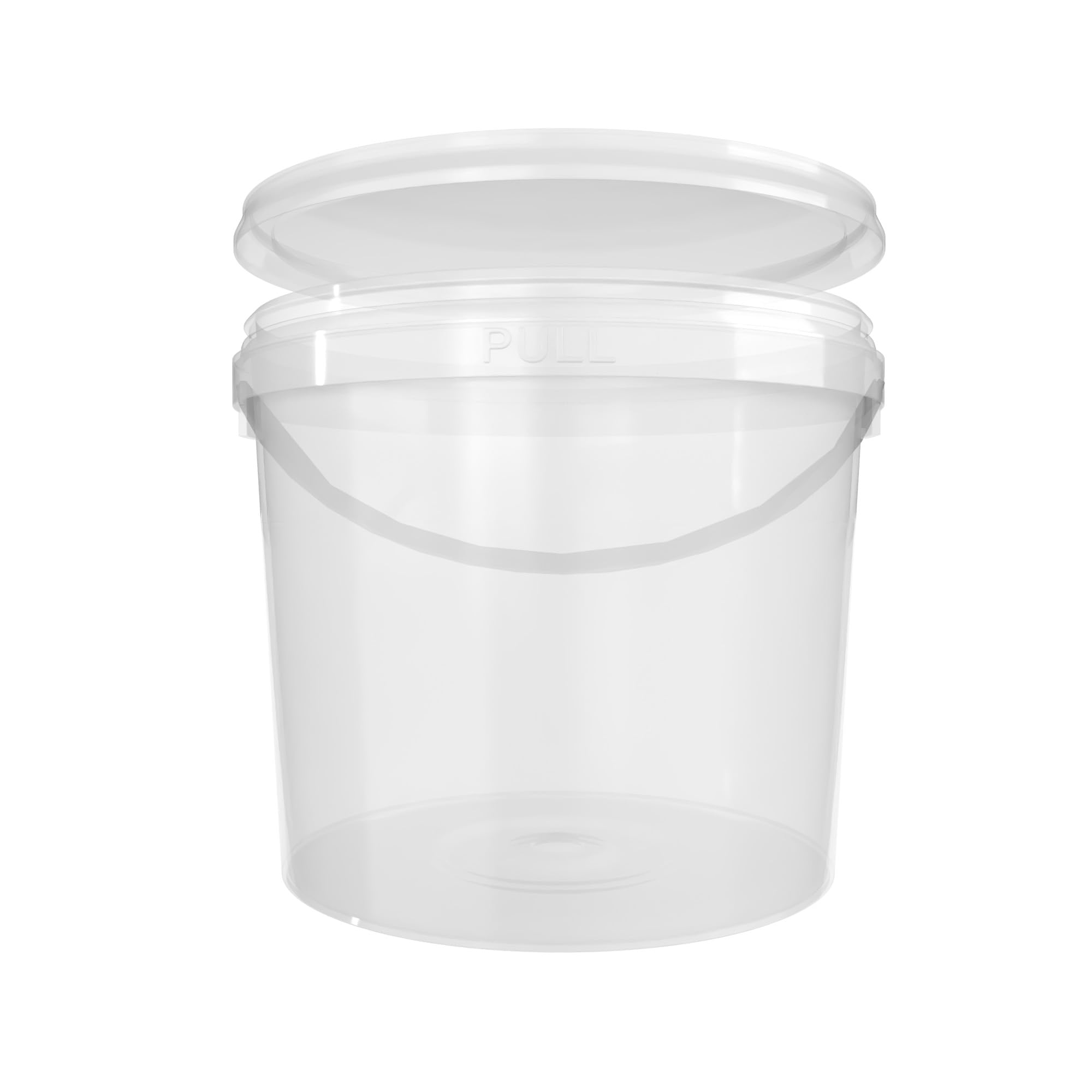 20 secchi con coperchio, 5 l, trasparenti, rotondi, in plastica, per alimenti, ermetici e stabili, secchi vuoti con manico e coperchio, adatti per alimenti chimici in polvere