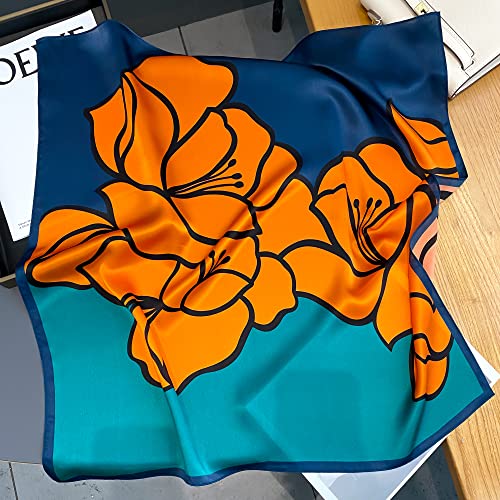 100% Pure Mulberry Silk Scarfs 26"x26" Square Scarf Women Neckerchief Headscarf hair scarf bandana Gift Packed (Orange+Blue)3