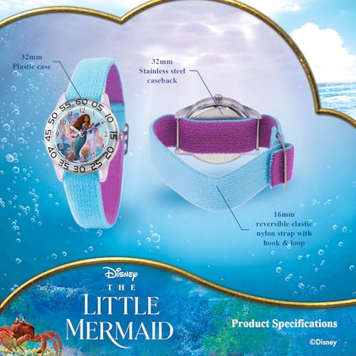 Disney Little Mermaid Watch for Girls Ages 4–7 Featuring Ariel Princess Gift for Kids Learning to Tell Time – Character Dial, Clear Bezel with Black Numbers, Blue Nylon Strap with Velcro3