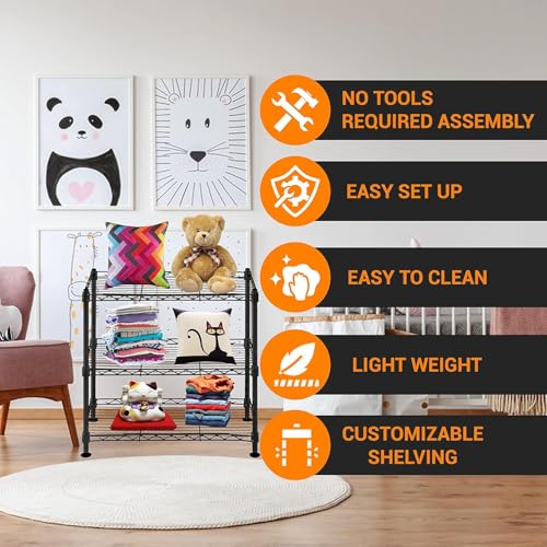 Image of Premium Heavy-Duty 3-Tier Black Metal Wire Storage Rack Shelf Organizer | Adjustable Multipurpose Freestanding Shelving Unit for Home, Office, Kitchen | Size 10 inch D x 18 inch W x 18 inch H Inch