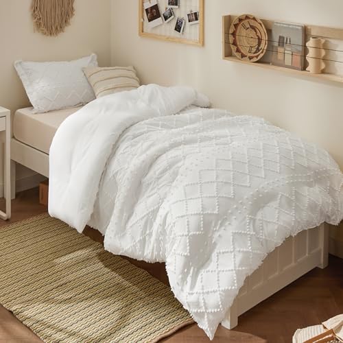Bedsure Twin XL Comforter Set - White Comforter, Boho Tufted...
