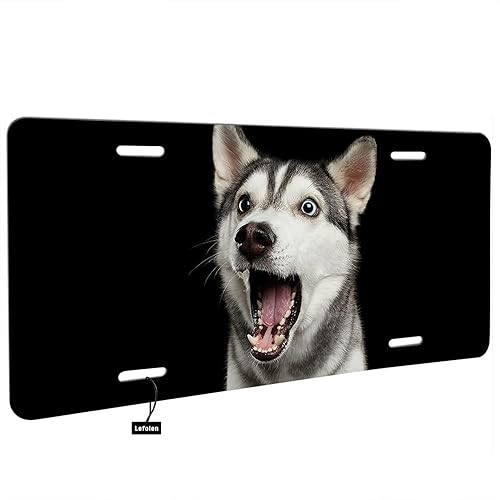 Miniatura 2 de Lefolen Husky Dog - Placa de matrícula frontal de automóvil sorprendido, lindo animal cachorro, mascota, boca abierta, ojos grandes, retrato,