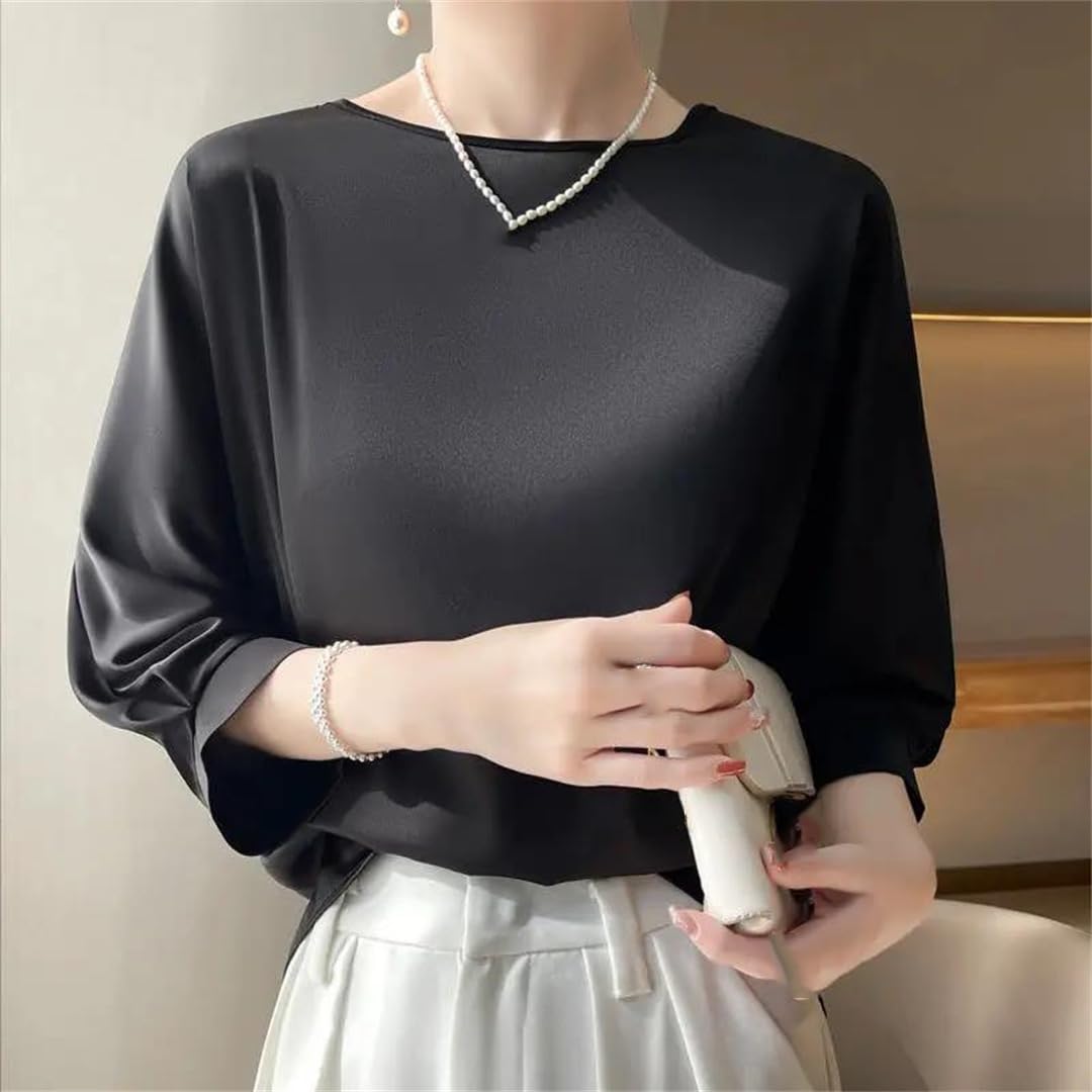 Maglietta estiva da donna in raso di seta a mezza manica t-shirt tinta unita casual O-collo camicie sottili da donna camicette larghe