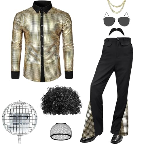 Malloom 70s Fancy Dress Mens Pimp Costume - Disco Outfit for Men Costume 70s Shirts with Flares Wig & Sunglasses Accessories Set 1970s Disco Fancy Dress for Halloween Carnival Party (XXL)