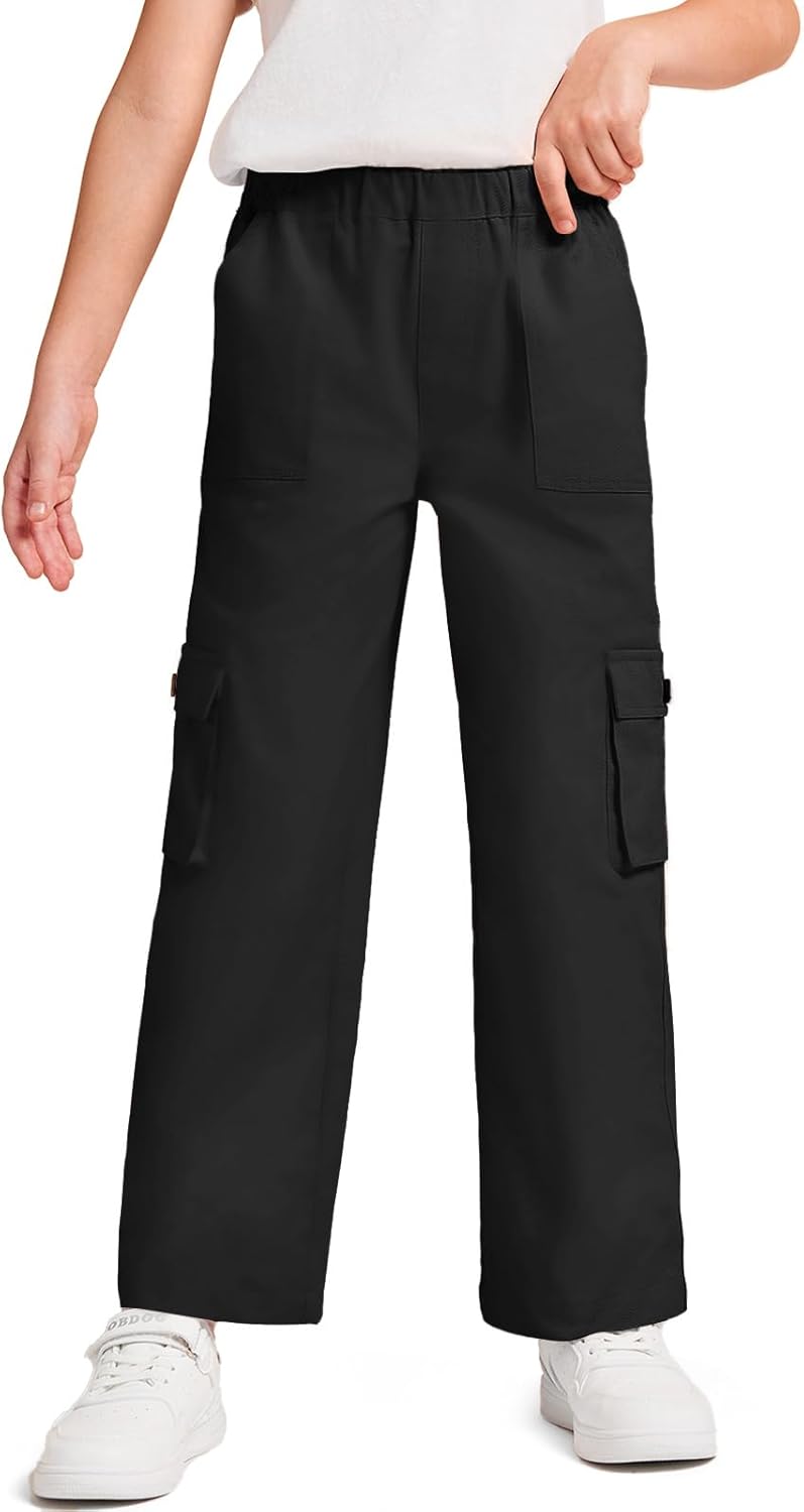Haloumoning Girls Cargo Pants High Elastic Waist Kids Straight Leg Twill Trousers with Pockets 5-14 Years Haloumoning Girls Cargo Pants High Elastic Waist Kids Straight Leg Twill Trousers with Pockets 5-14 Years
