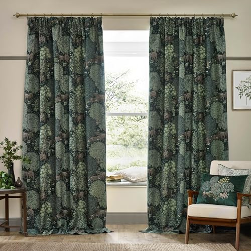 Morris&Co. Brook Pencil Pleat Curtain Pair – Lined Jacquard Woodland Tapestry-Inspired Drapes (Forest Green - 117x137cm) - Image 2