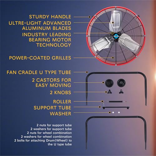 Image of Tornado 24 Inch High Velocity Drum Fan, 8800 CFM Heavy Duty Industrial Floor Fan, 3-Speed Tilt Adjustable Metal Blades, Wide Airflow, 8 FT Cord, UL Listed for Commercial Use