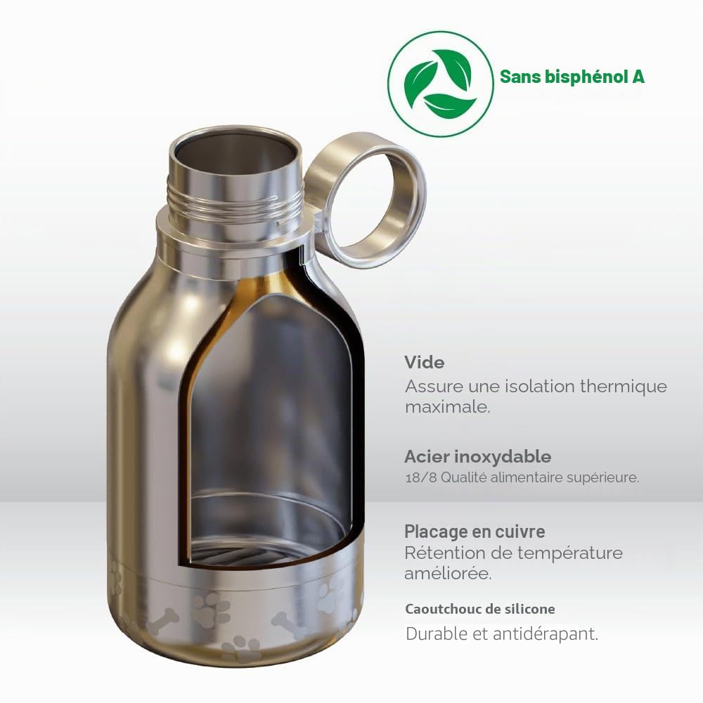 Asobu Chien – Gamelle pour Animal Domestique attachée à Une Bouteille d'eau Isotherme en Acier Inoxydable de 1 Litre, Bouteille d'eau Portable, Robuste, Anti-Fuite, pour l'extérieur, Les Voyages, la