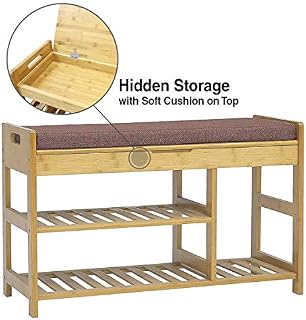 Clevr 35" Large 3-Tier Natural Bamboo Shoe Rack Bench Organizer, with Seat Cushion