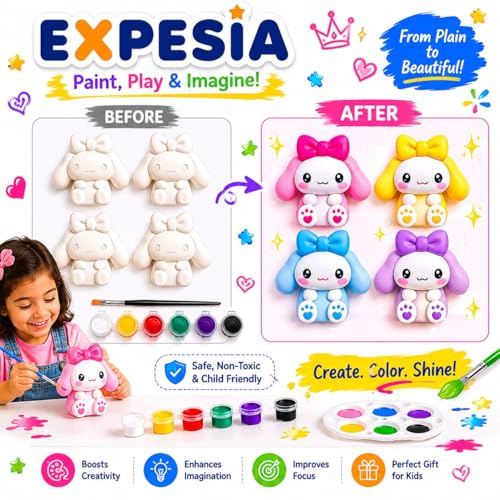 Image of EXPESIA DIY Paint Your Own Cute Character Figurines Kit for Kids, 4 Plaster Figurines with 6 Paint Colours & Brush, Creative Art & Craft Activity Set, Ages 4+ (Cartoon)
