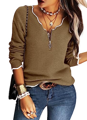 Hongqizo Women's V Neck Long Sleeve Sweater Half Zipper Knit Sweater Casual Cricket Stripe Jumper Pullover Knit Tops