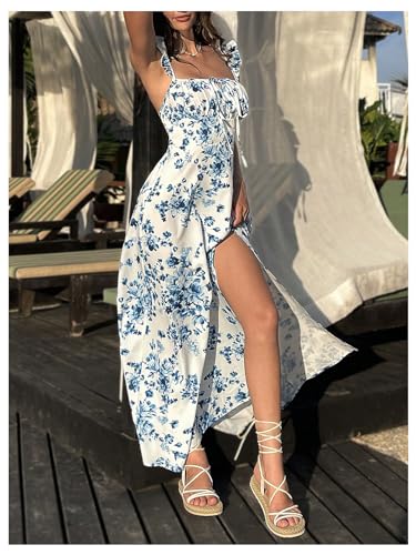 WDIRARA Women's Floral Print Ruched Square Neck Maxi Dress Tie Back High Slit Flared Dresses4