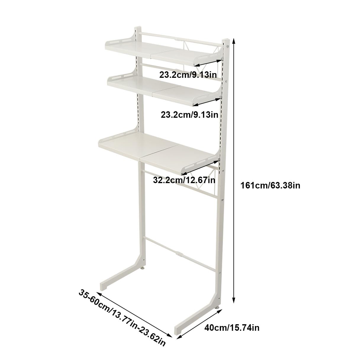 Waschmaschinenregal, WC Regal über Waschmaschine Toilette, Waschmaschinenschrank Überbauschrank, Toilettenschrank, 3 Ablagen, Regalhöhe verstellbar, 40x160x35-60cm (Breitenverstellbar), Weiß