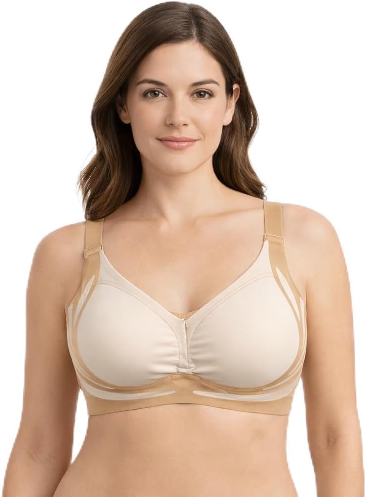 - Women's Wireless Support Bra, Beige and Cream Two-Tone, V-Neck, Adjustable Straps, Hook and Eye Back Closure