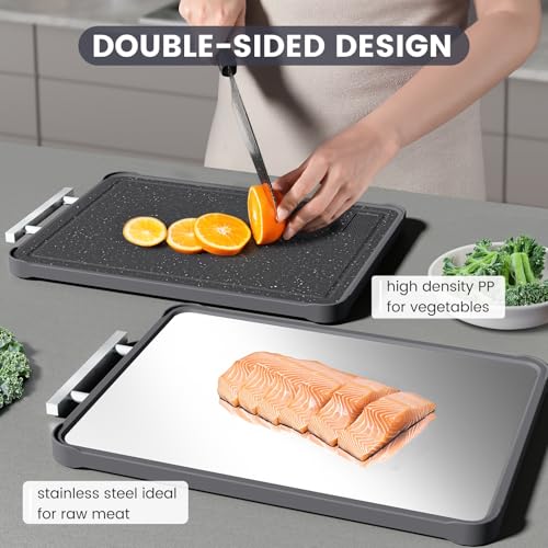 Kikcoin Double Sided Stainless Steel Cutting Boards for Kitchen, Stainless Steel and Wheat Straw PP Large Chopping Board, Black