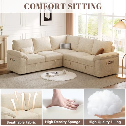 Image of 85'' Modular Sectional Sofa with Pull Out Bed, Sleeper Sofa, Beige | L Shaped 5 Seat Sectional Couches for Living Room, Cloud Modular Couch with Storage, Pull Out Couch, Removable Sofa Cover