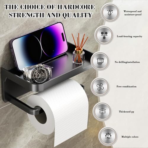 Image of HASTHIP Toilet Paper Roll Holder with Mobile Stand - Plastic Self Adhesive Tissue Holder for Bathroom Toilet Papers Stand Bathroom Accessories(ABS, Black, Square, 18x10x8cm)