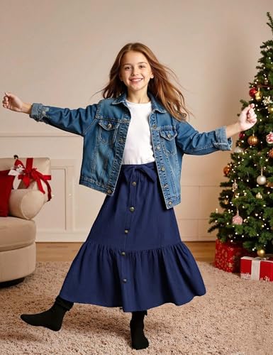Image of Maxi Skorts Skirt for Girls Button Front High Waisted Long Skirt with Belt Ruffled Skirts with Pocket 3-12Years
