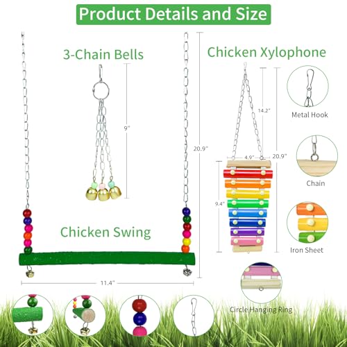 Image of 12 Pack Chicken Toys for Hens,Net Mirror Bell Xylophone String Vegetable Fruits Skewer Hanging Ladder Swings Coop Accessories for Hens Bird Parrot