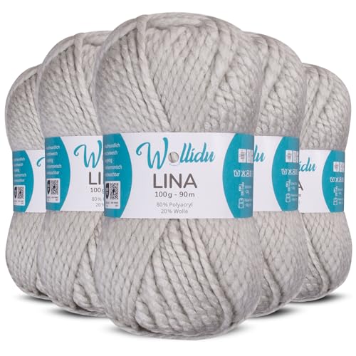 Wollidu Lina Wolle zum Stricken und Häkeln 500g 80% Polyacryl 20% Schafwolle Mulesing-frei Oeko-Tex 5x 100g/90m Häkelwolle/Strickwolle - Hellgrau
