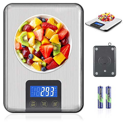 MOSUO Báscula Digital para Cocina, 15KG/1G Balanza de Cocina Báscula Electrónica de Acero Inoxidable, Balanza de Alimentos Multifuncional con Pantalla LCD, Función de Tara (Baterias Incluidas)