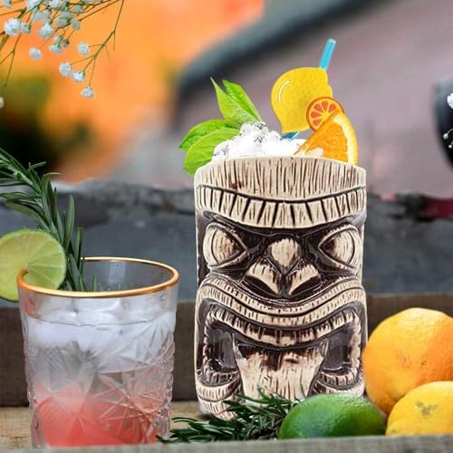 LINALL Ceramic Tiki Cocktail Mugs Set - 3 Count (Pack of 1), 15 oz, Glossy Finish, Teeth & Tongue Design, Perfect for Home, Parties & Tiki Bar