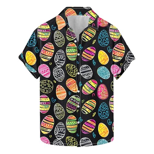 Men's Easter Button Down Shirt Funny Easter Eggs Print Short Sleeve Hawaiian Bowling Shirts Mens Easter Day T Shirts Easter Shirt for Men