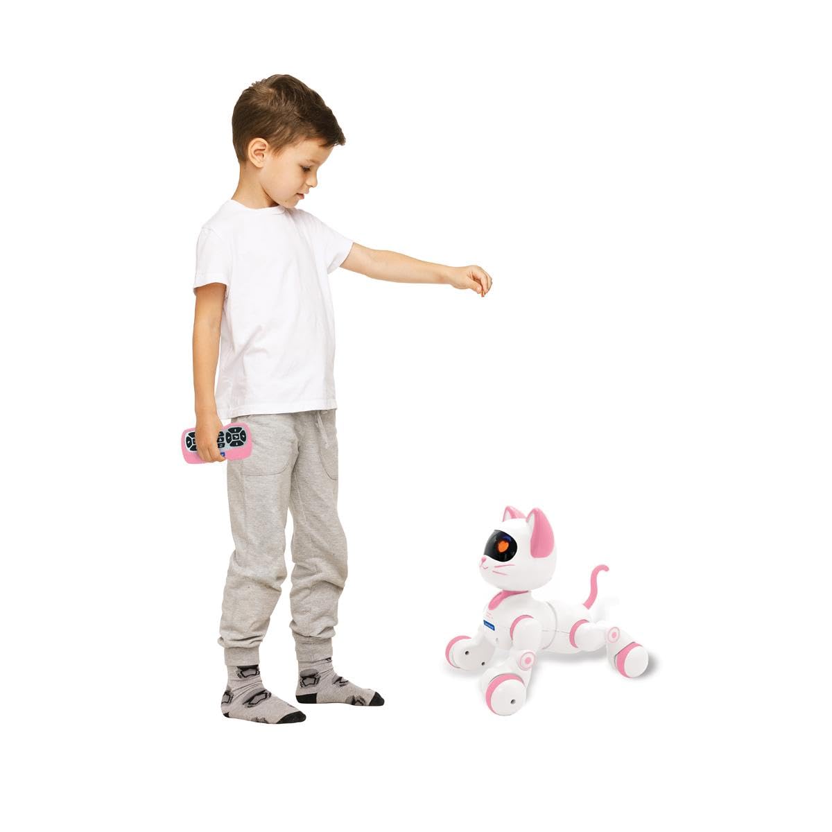 Lexibook, Power Kitty Jr., Gatto telecomandato da addestrare, Si dimena Come Un Vero Gatto, Occhi interattivi, STEM programmabile, Batteria Ricaricabile, Rosa/Bianco, KIT01LXB