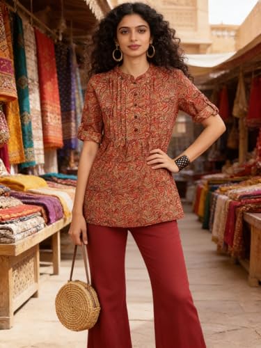 Image of Lymio Women's Printed Short Kurti Top | Rayon Mandarin Collar Casual Ethnic Tunic | Summer Printed Top (K-249)
