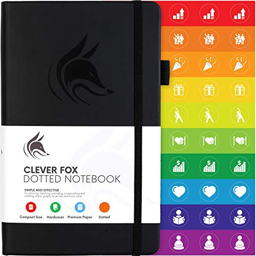 Clever Fox Dotted Notebook - Dot Grid Bullet Numbered Pages Hard Cover Notebook Journal With Thick 120g Paper and Pen Loop, Stickers, 3 Bookmarks, Smooth Faux Leather, 5.12'' x 8.27'' - Black