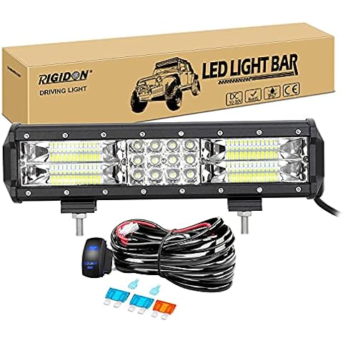 RIGIDON 12 inch 180W driving led work light bar with 12v wiring harness cable kit, Tri row fog lamp for Off road Truck SUV ATV 4x4 Boat, Flood Spot Combo Beam, Waterproof Driving Lamp, 6000K White Cover