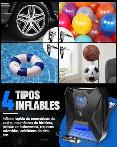 Rumicet Inflador Ruedas Coche, 12V Compresor Aire Coche con Luz LED, Tyre Pump Also Can be Used as Power Bank, Cordless Protable Tyre Inflator with 4 Nozzles, Auto-Off Tyre Pump for Car, Bike