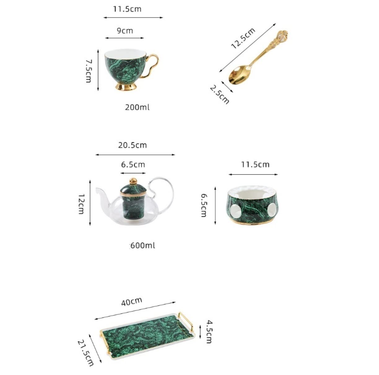 Zestaw do herbaty – luksusowy ceramiczny zestaw filiżanek do kawy z tacą i szklanym czajnikiem, 6-częściowy, idealny do rozrywki i serwowania gorących napojów