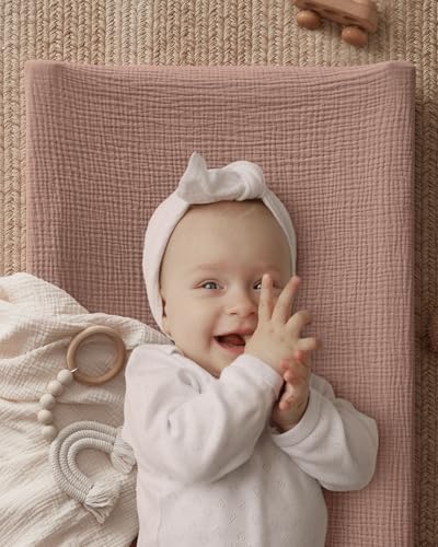 Image of Blissful Diary Muslin Changing Pad Cover for Baby Girls, Ultra Soft Breathable Cotton, Baby Diaper Change Table Pad Covers, 2Pack (Blush Bunny & Dusty Pink)