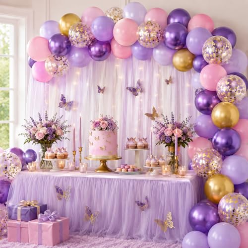 Image of Pink and Purple Balloons, 60PCS Pastel Purple and Pink Balloons, 12 Inch Metallic Gold Confetti Latex Balloon for Women Girls Baby Shower Bridal Shower Birthday Butterfly Party Decor
