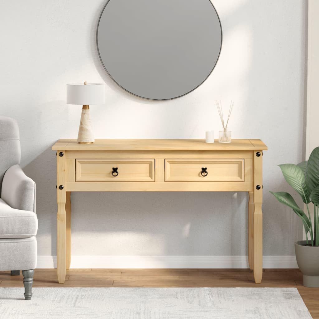Mesa consola con 2 cajones, 115 x 46 x 73 cm, madera maciza de pino, mesa clásica con estante inferior y asas de metal, mesa de sofá estable para salón, pasillo o vestíbulo