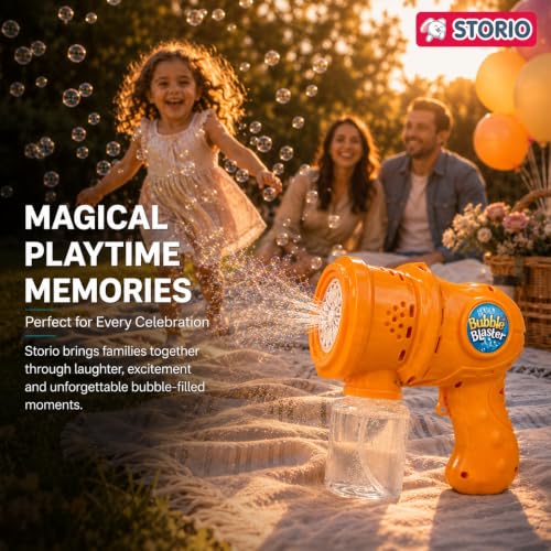 Image of Storio Automatic Bubble Gun for Kids, Rechargeable Electric Bubble Machine with Solution, One Touch Bubble Blower Toy for Indoor Outdoor Party, Gift for Toddlers Boys Girls - Orange