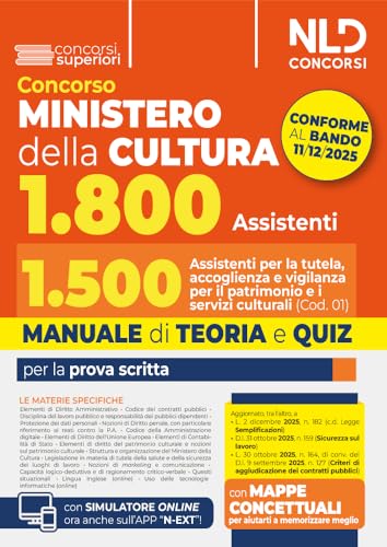 Concorso Ministero della Cultura 1800 posti - profilo 1.500 assistenti per la tutela, accoglienza e vigilanza per il patrimonio e i servizi culturali (Cod. 01). Manuale di Teoria e quiz