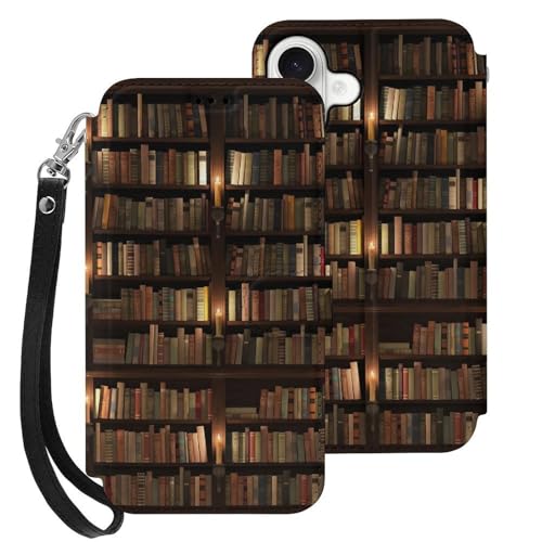 本棚柄 ブックシェルフ iPhone17用ケース 手帳型 ストラップ付き カード収納 スタンド機能 アイフォン17用ケース 大容量 耐衝撃 PUレザー カバー スマホケース 財布型 Case