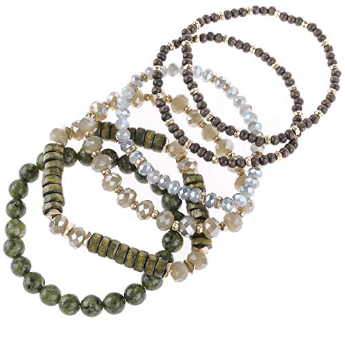 RIAH FASHION Bohemian Beaded Multi Layer Versatile Statement Bracelets - Natural Stone Wood Mix Stackable Stretch Strand Bangles3