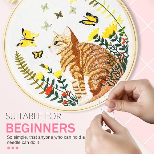 Image of Huacan Embroidery Kit for Beginners Adults Includes Stamped Cat Pattern, Hoop, Color Threads,Tools,Easy to Follow Instruction