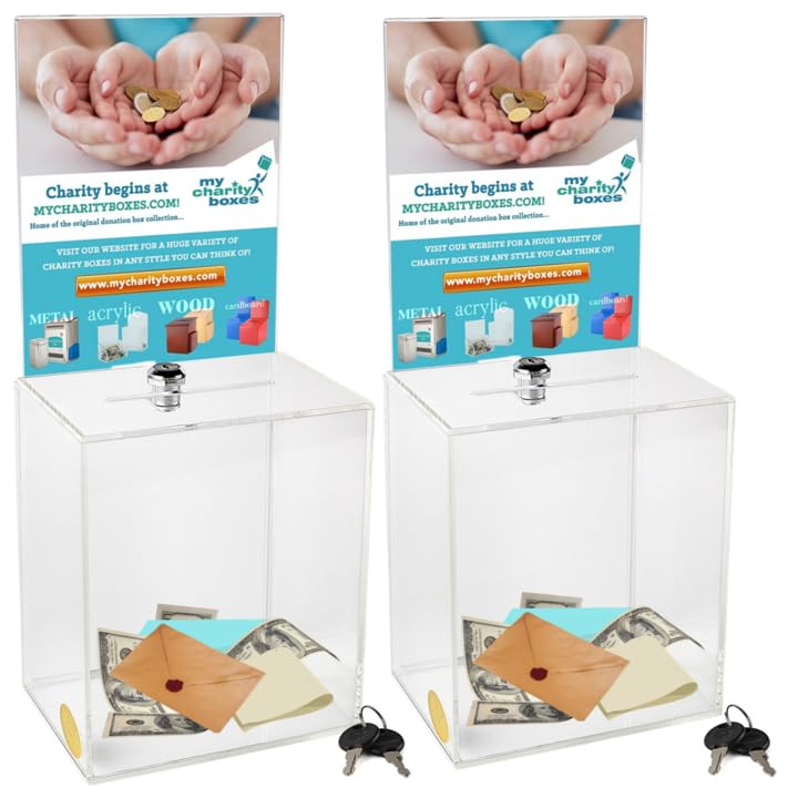 Clear Donation Box for Fundraising with Lock & Display Sign Holder, Raffle Box, Tip Box, Secure Ballot Box and Suggestion Box with slot, Extra large Ticket Box size 16" x 8" x 6" (2 pack)