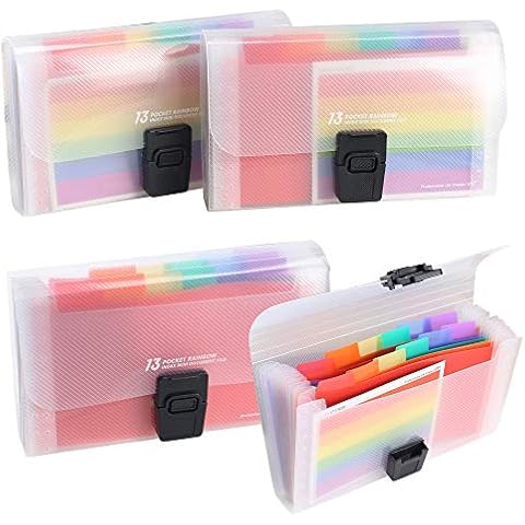 4 Pack Expanding File Folder, AILANDA A6 13 Pockets Rainbow Document Organiser A6 Accordion Folder Receipt Organiser Wallet Case with Labels Index for Bills Cards Coupons 17.7 x 10.5 x 2.5cm Cover