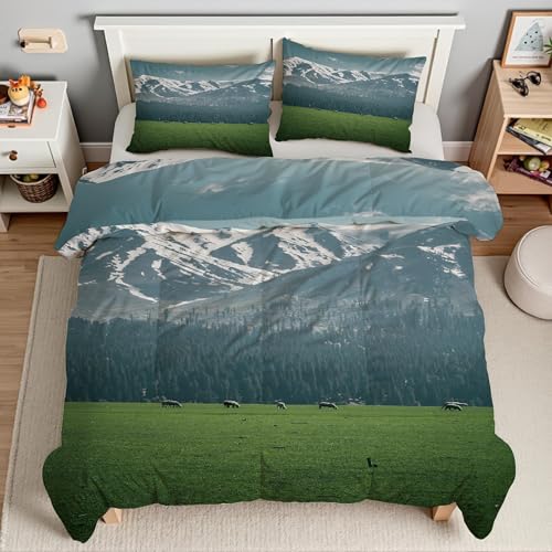 Housse de couette 220x240 prairie et parure de lit paysage montagne microfibre - 4