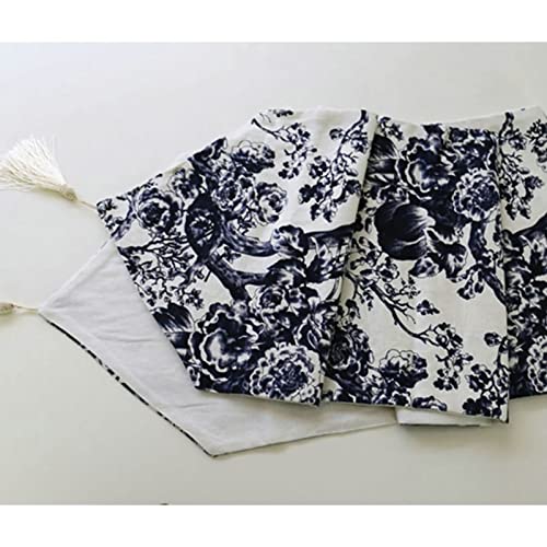 Chemin de table en lin WXKAGF bleu et blanc avec motifs de branches de fleurs