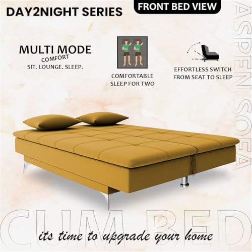 Image of Adorn India Premium New Aspen 3 Seater Sofa Cum Bed 4X6 Velvet Suede with 2 Cushions (Color Yellow) and Suitable for All Indoor, with 3 Years Warranty