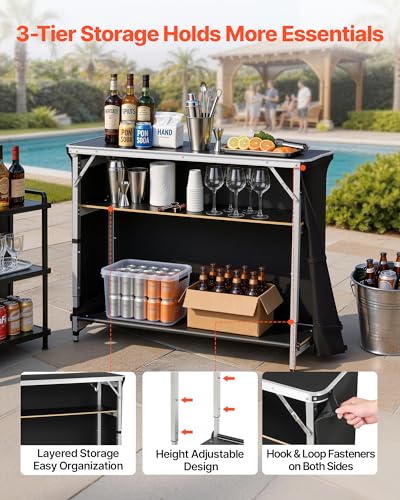 Image of VEVOR Folding Portable Bar Table, 43.5 x 15.4 x 39.8 in, with Carry Bag, 2 Storage Shelves, and Detachable Skirt, Quick and Easy Setup, Foldable Mobile Bartending Station for Events, Party, Tradeshow