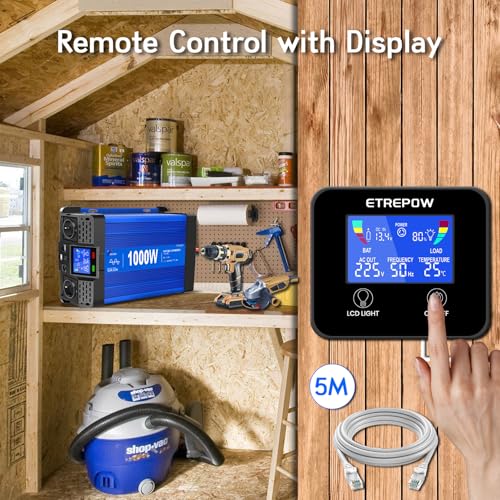 ETREPOW 1000W/2000W 12V Auf 230V Reiner Sinus Wechselrichter mit Fernbedienung, 2 EU Steckdosen, 2 USB+Tycp-C Anschlüssen, geeignet für Haushaltsgeräte, Wohnmobile, Camping Spannungswandler