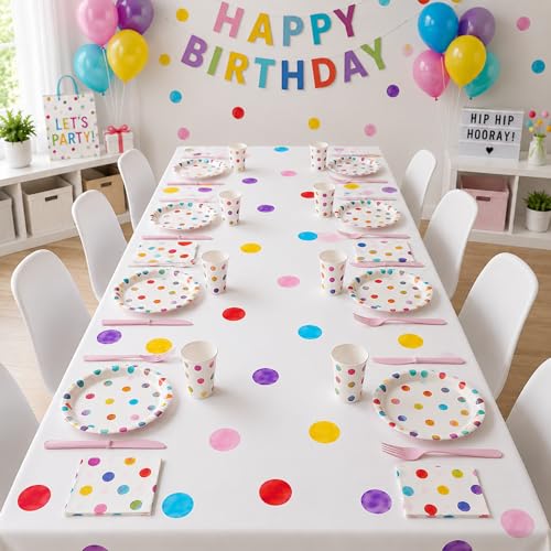 Image of Blue Orchards Polka Dots Table Cover (Pack of 3) 108 inch x 54 inch - Colorful Birthday Party Table Decoration, Bright Accent and Backdrop, Gift Wrap, Multi Purpose Party Decor
